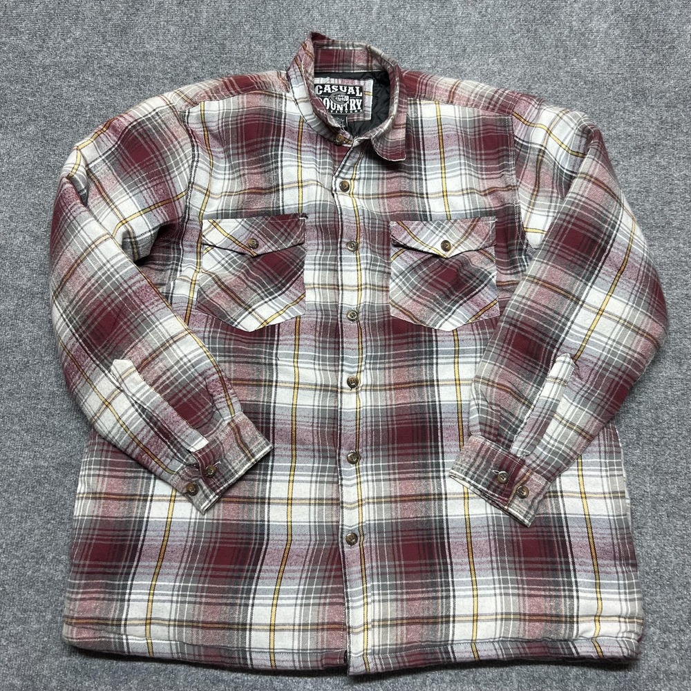 Casual Country Jacket Mens XL Red Plaid Flannel Quilted Lined Shirt Workwear